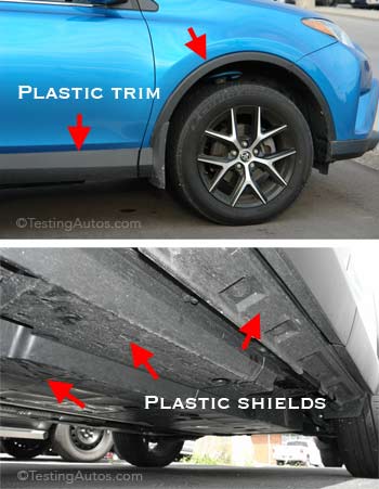 Shields protecting the bottom of the vehicle