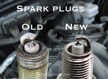 Old spark plug covered in deposits vs new spark plug
